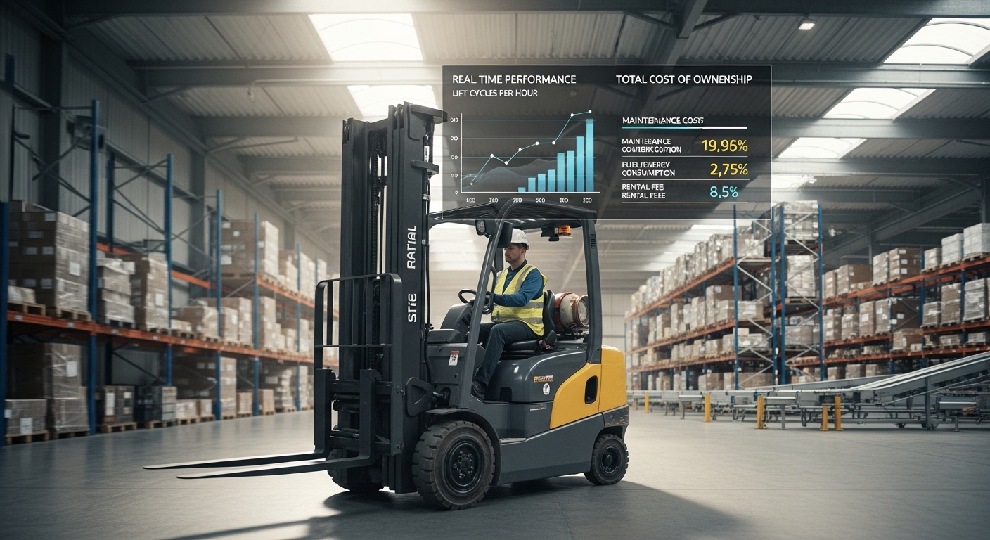 Empilhadeira em galpão com telemetria digital e métricas de TCO