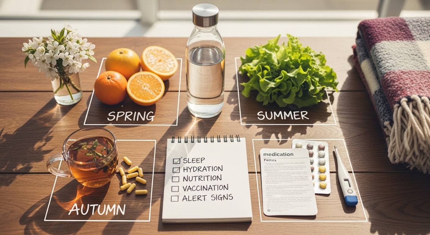 Mesa de madeira com itens de autocuidado em quatro quadrantes representando as estações do ano e um checklist no centro