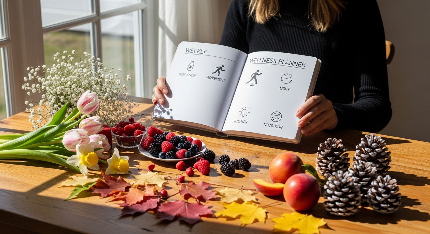 Pessoa usando planner de bem-estar com símbolos das quatro estações