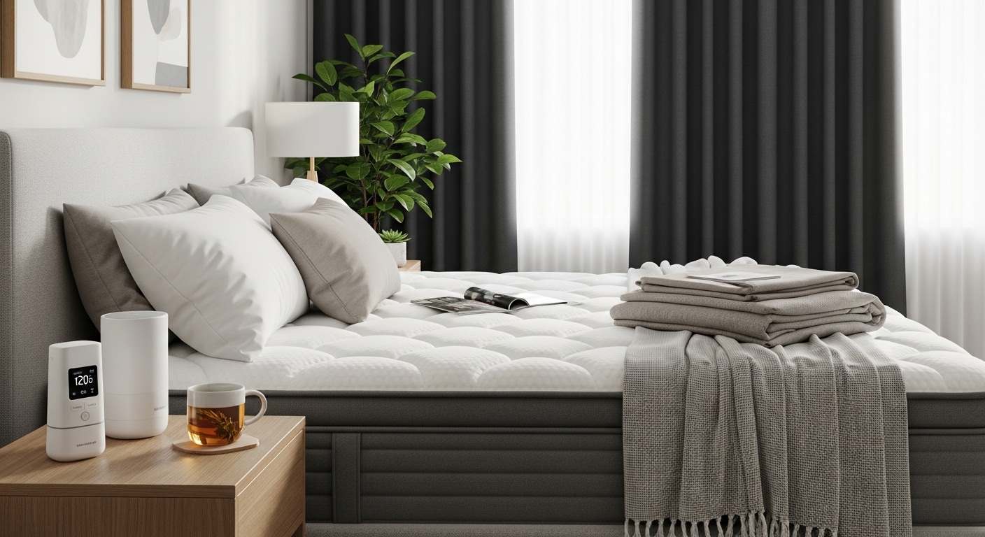 Quarto moderno com colchão premium e ambiente preparado para sono reparador