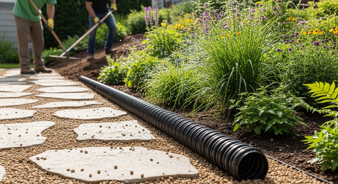 Quintal com drenagem usando tubo corrugado e piso permeável