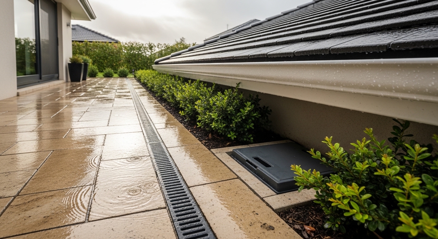 Casa com piso permeável e calhas limpas após a chuva