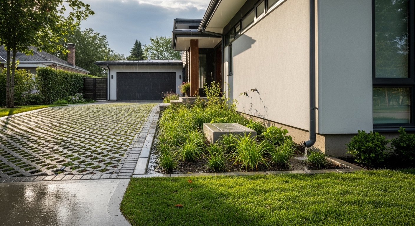 Casa contemporânea com jardim de chuva e piso permeável após chuva