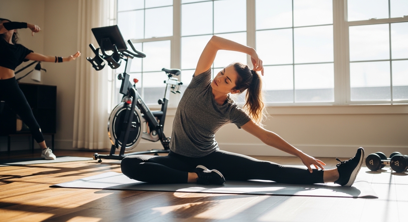 Mulher fazendo treino indoor com bicicleta ergométrica e alongamentos em casa