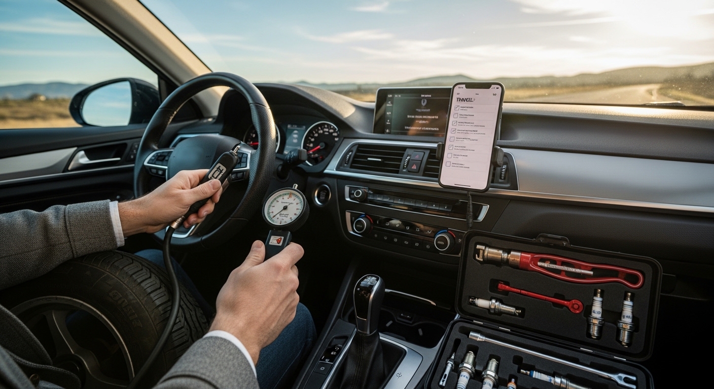 Motorista calibrando pneus e conferindo checklist de viagem em estrada