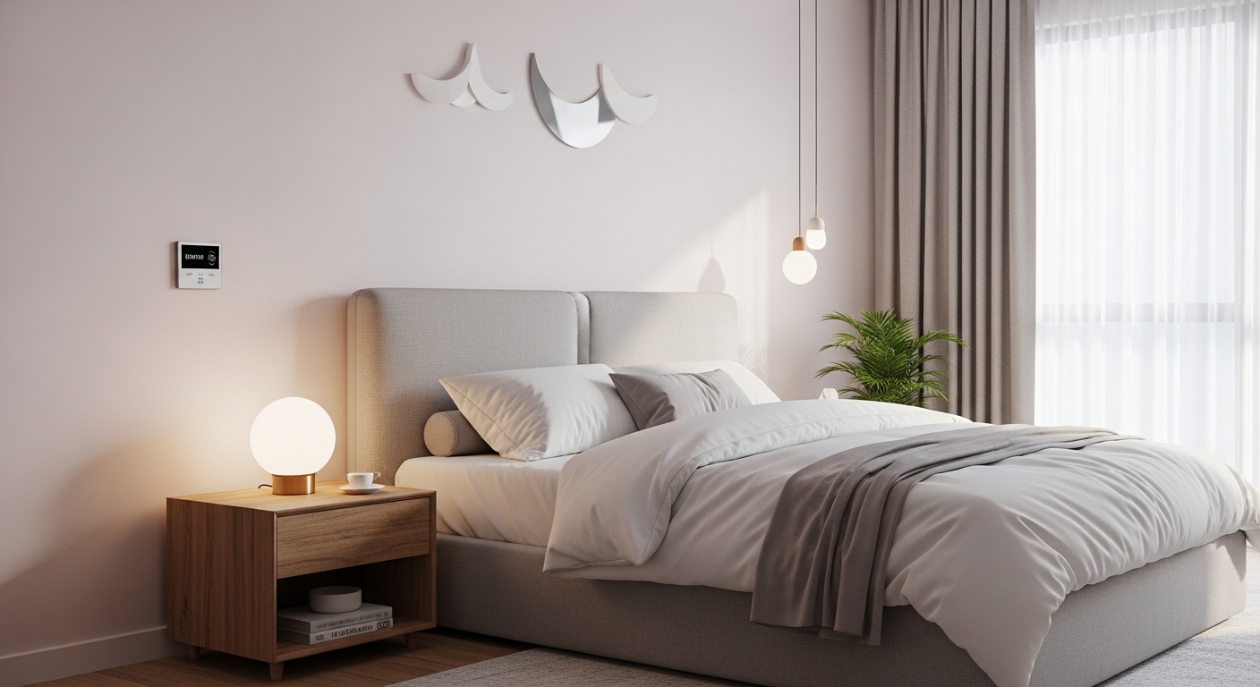 Quarto sereno com cama box e luz natural suave