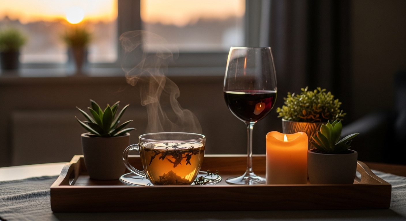 Ritual de fim de dia em casa com chá, vinho e vela ao entardecer