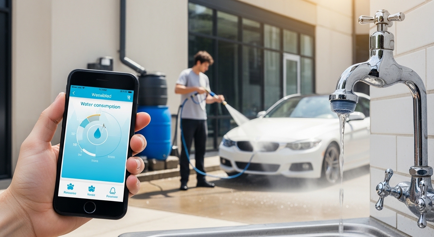 Mão segurando smartphone com app de economia de água e lava jato ecológico ao fundo