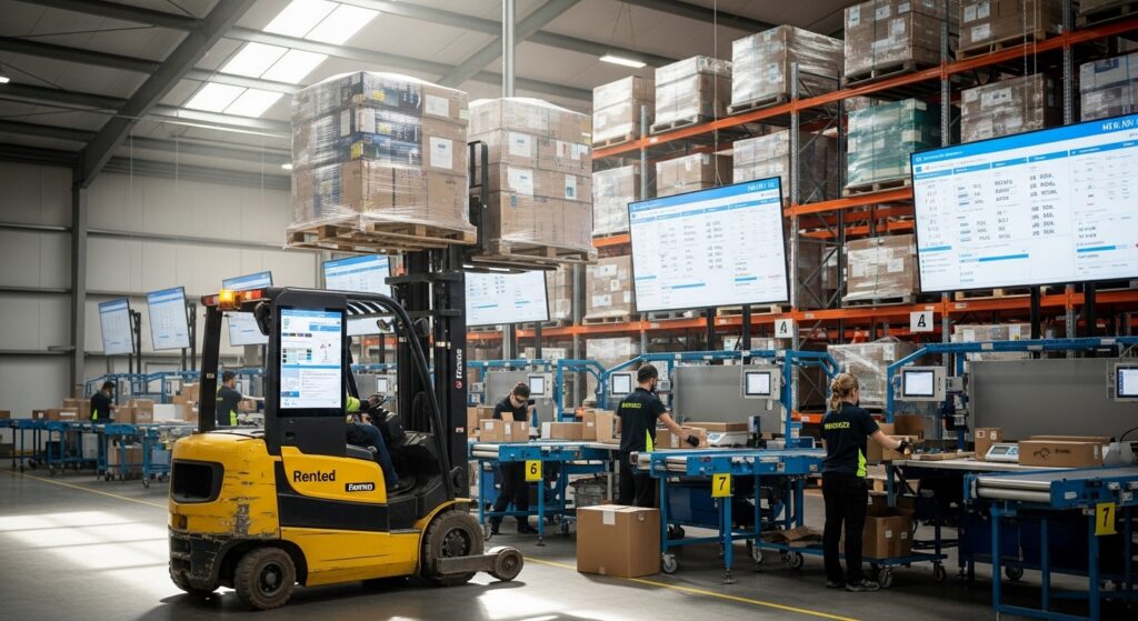 Empilhadeira em centro de distribuição moderno operando em pico sazonal