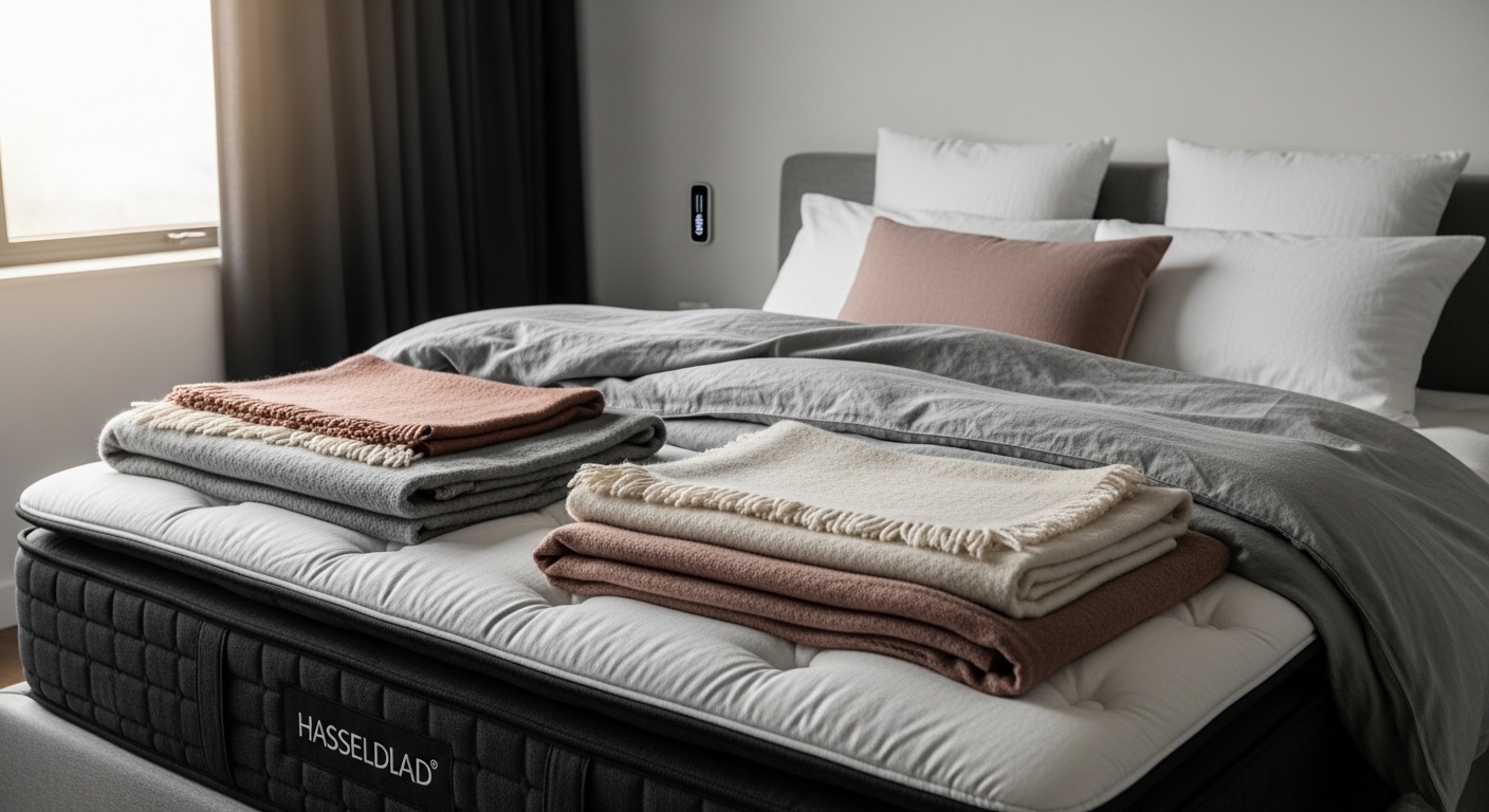 Quarto iluminado pela manhã com cama de colchão premium e roupas de cama sazonais