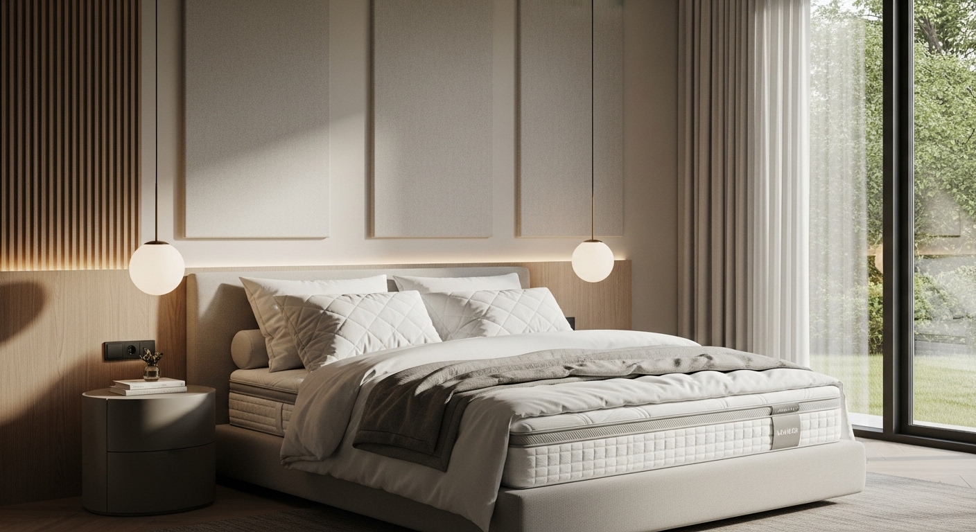 Quarto moderno com cama king-size e decoração minimalista iluminada pela luz natural