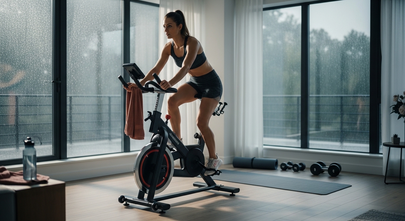 Mulher praticando spinning em casa com chuva lá fora