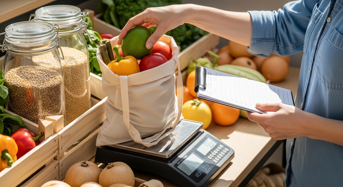 Compras sustentáveis no supermercado com sacola reutilizável e lista