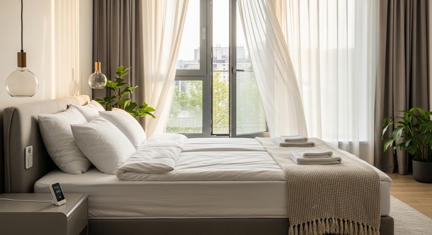 Quarto minimalista com cama confortável e luz natural suave