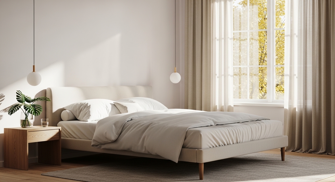 Quarto sereno com cama arrumada, luz natural e decoração minimalista