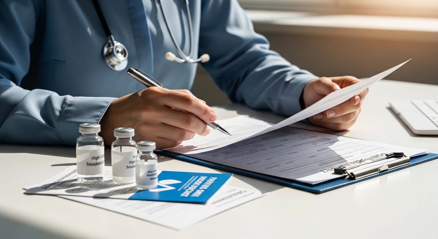 Paciente analisa laudos médicos e frascos de medicamento de alto custo em escritório de clínica iluminado por luz natural.