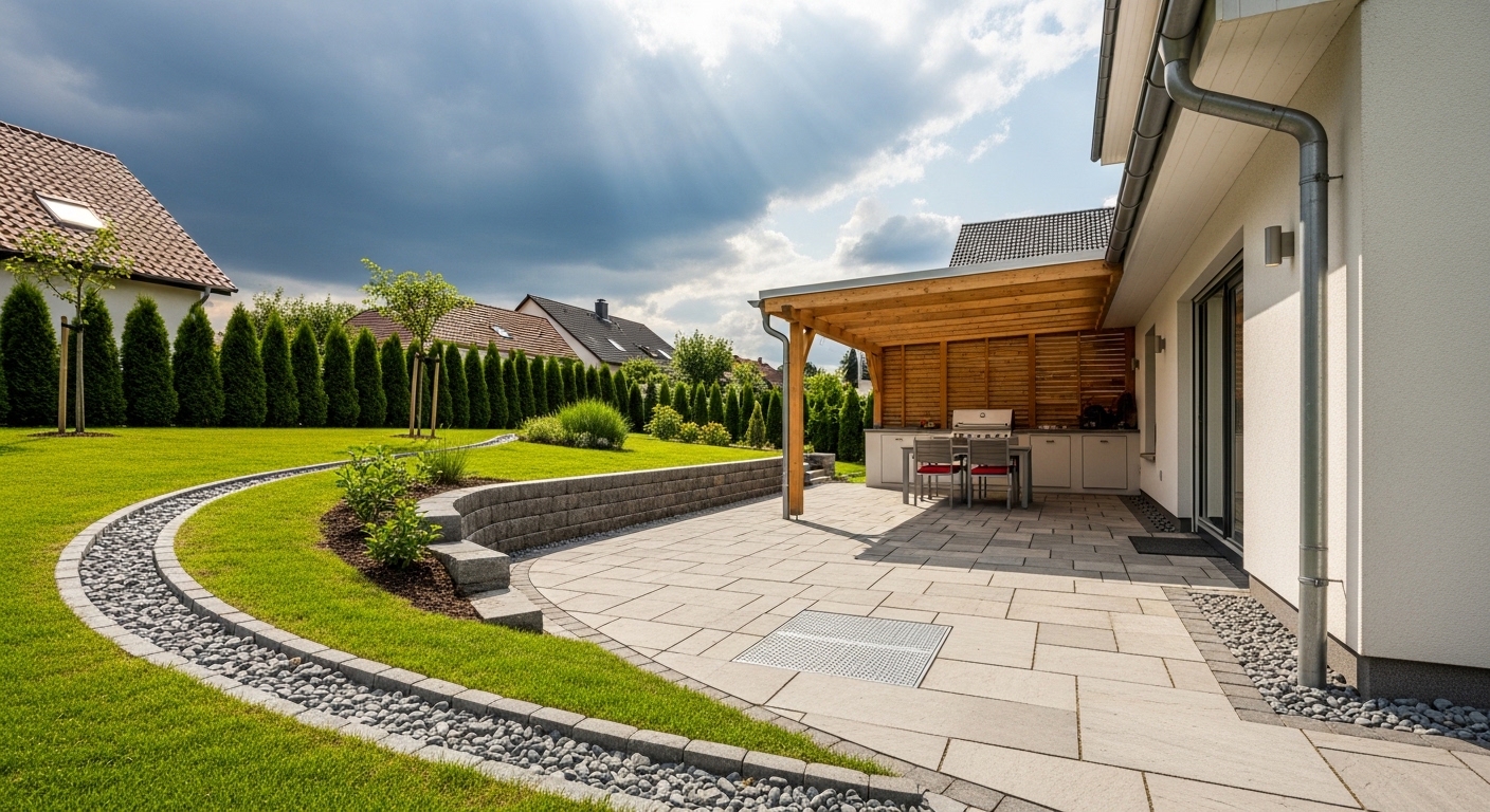 Quintal moderno com drenagem inteligente e área gourmet protegida de temporais