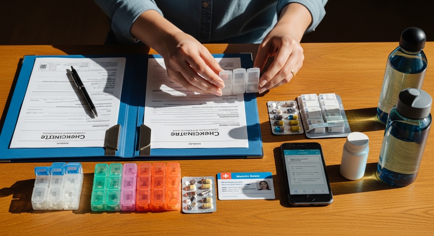 Pessoa organizando medicamentos e documentos para cuidado crônico