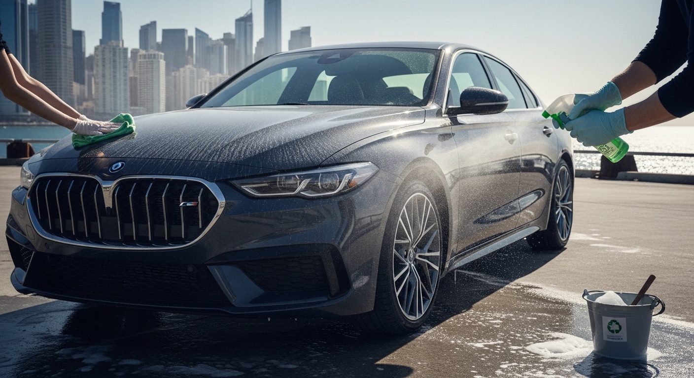 Carro urbano sendo lavado com spray biodegradável e pano microfibra