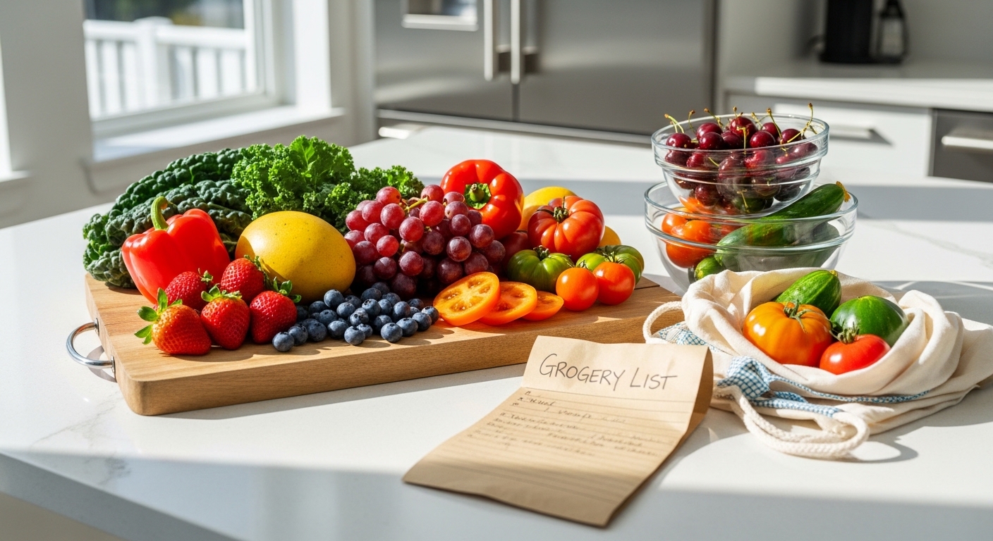 Cozinha iluminada com frutas e legumes sazonais sobre bancada de madeira