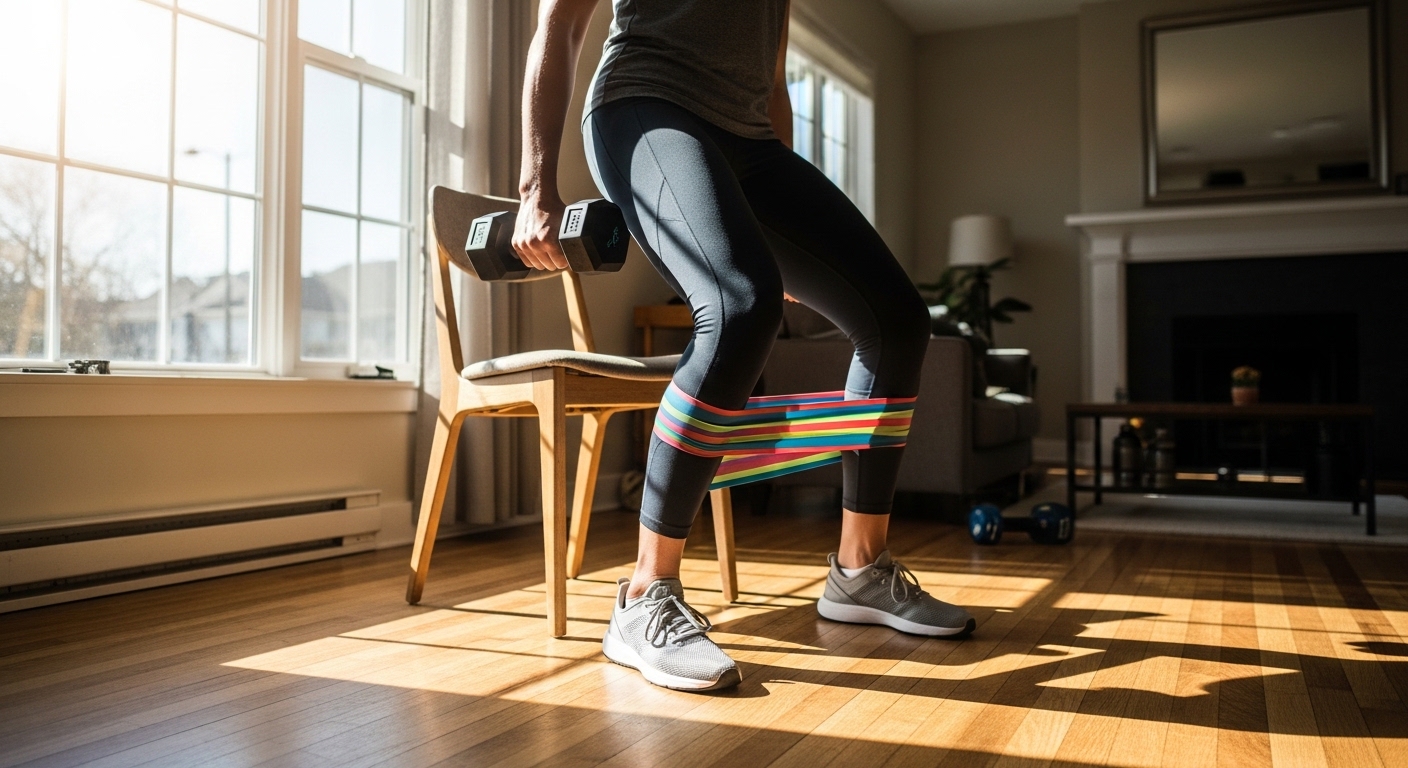Pessoa fazendo exercícios em casa com halteres, elásticos e cadeira em ambiente iluminado