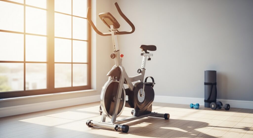 Cantinho fitness em casa com bicicleta ergométrica acessível
