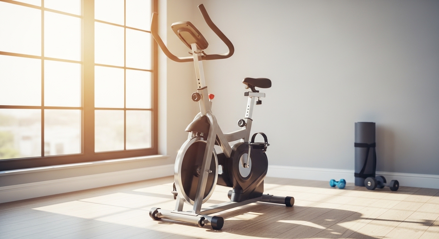 Cantinho fitness em casa com bicicleta ergométrica acessível