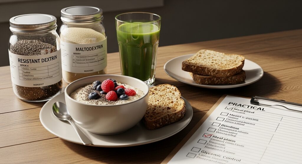 Mesa de café da manhã equilibrado com aveia, pão integral e potes de dextrinas