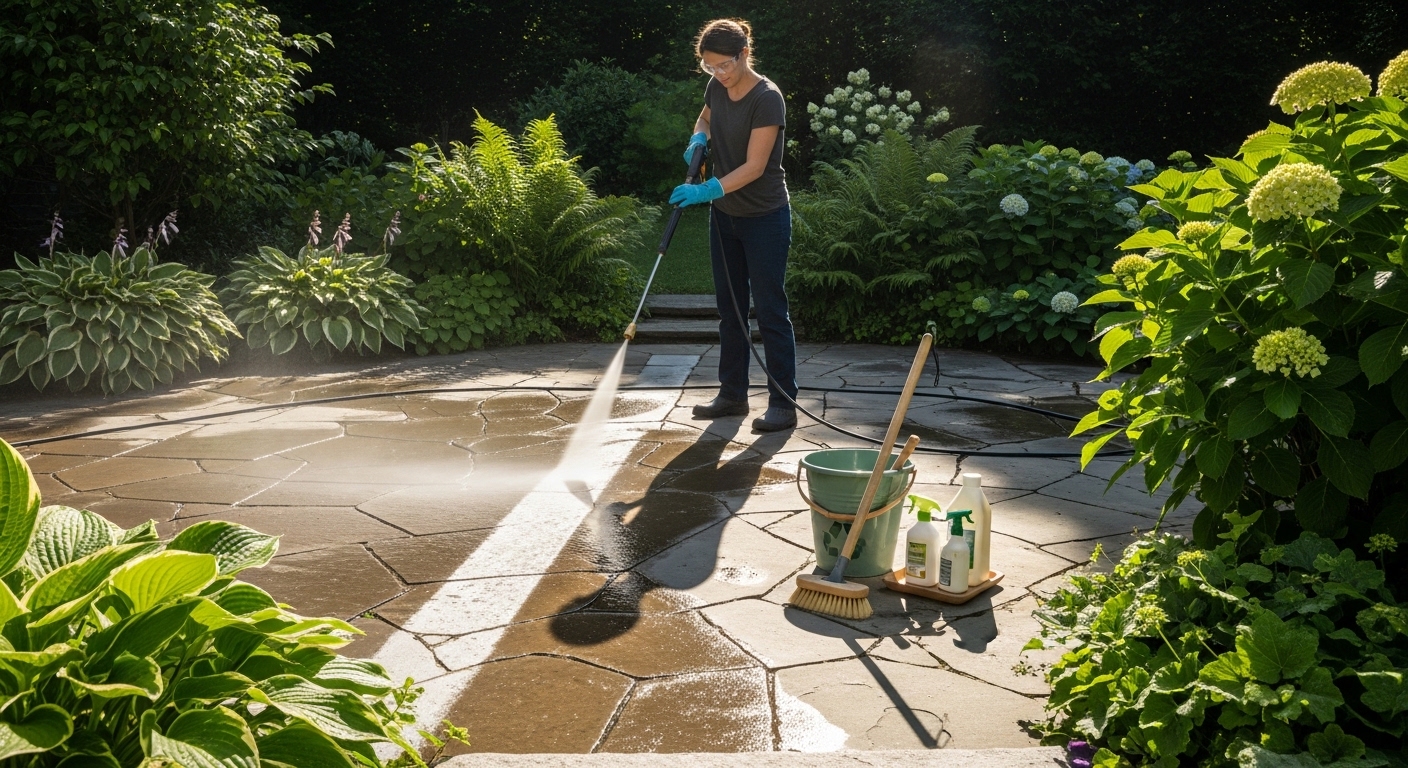 Pessoa usando lavadora de alta pressão para limpar quintal ensolarado