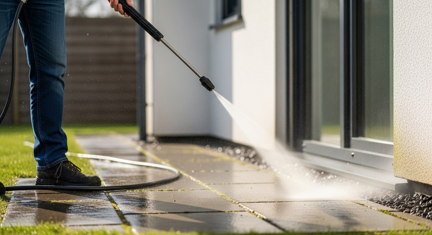 Pessoa limpando calçada e fachada com lavadora de alta pressão de forma eficiente