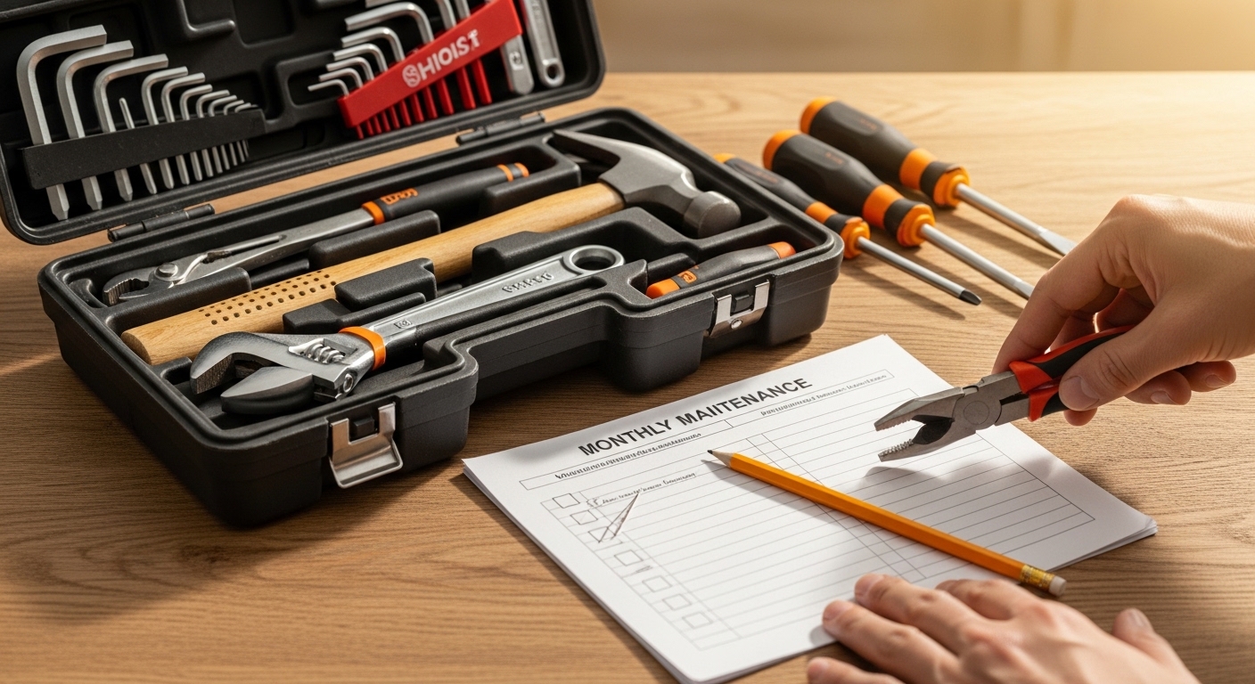 Ferramentas domésticas e checklist de manutenção em mesa iluminada