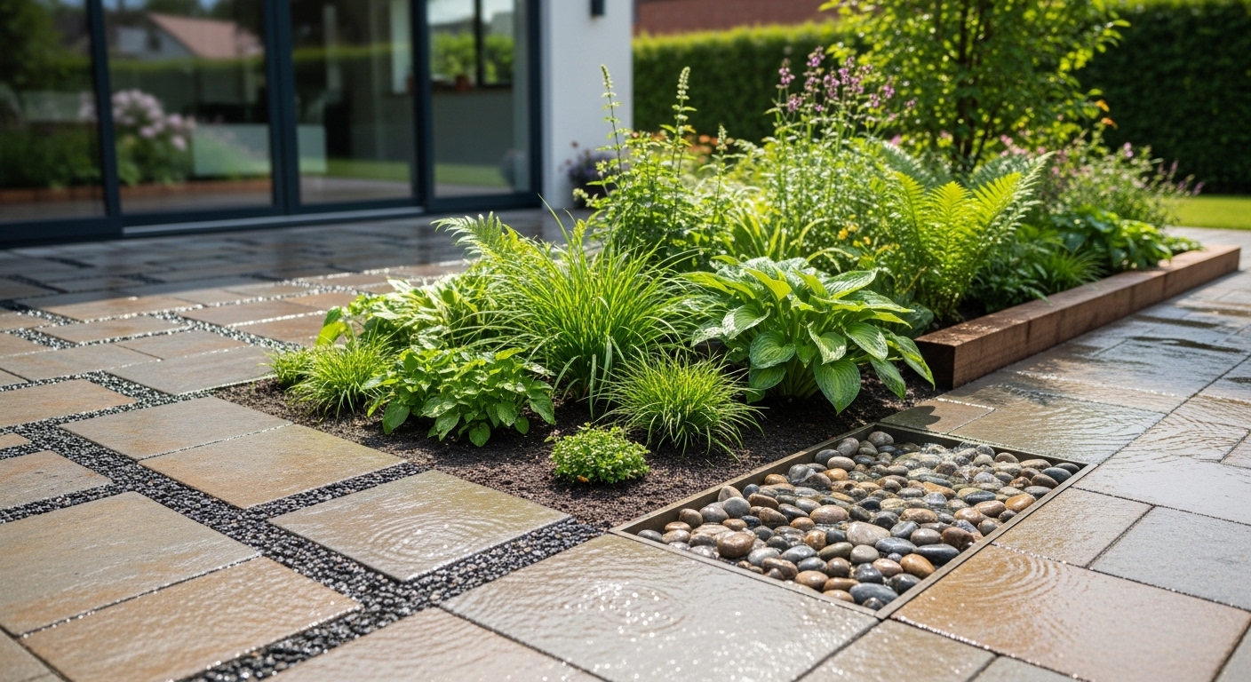 Quintal com piso drenante, jardim de chuva e caixa de brita direcionando água