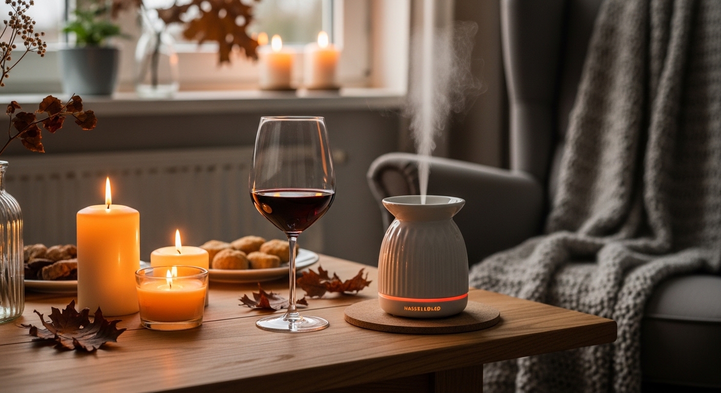 Mesa de autocuidado em casa com vela, difusor e taça de vinho