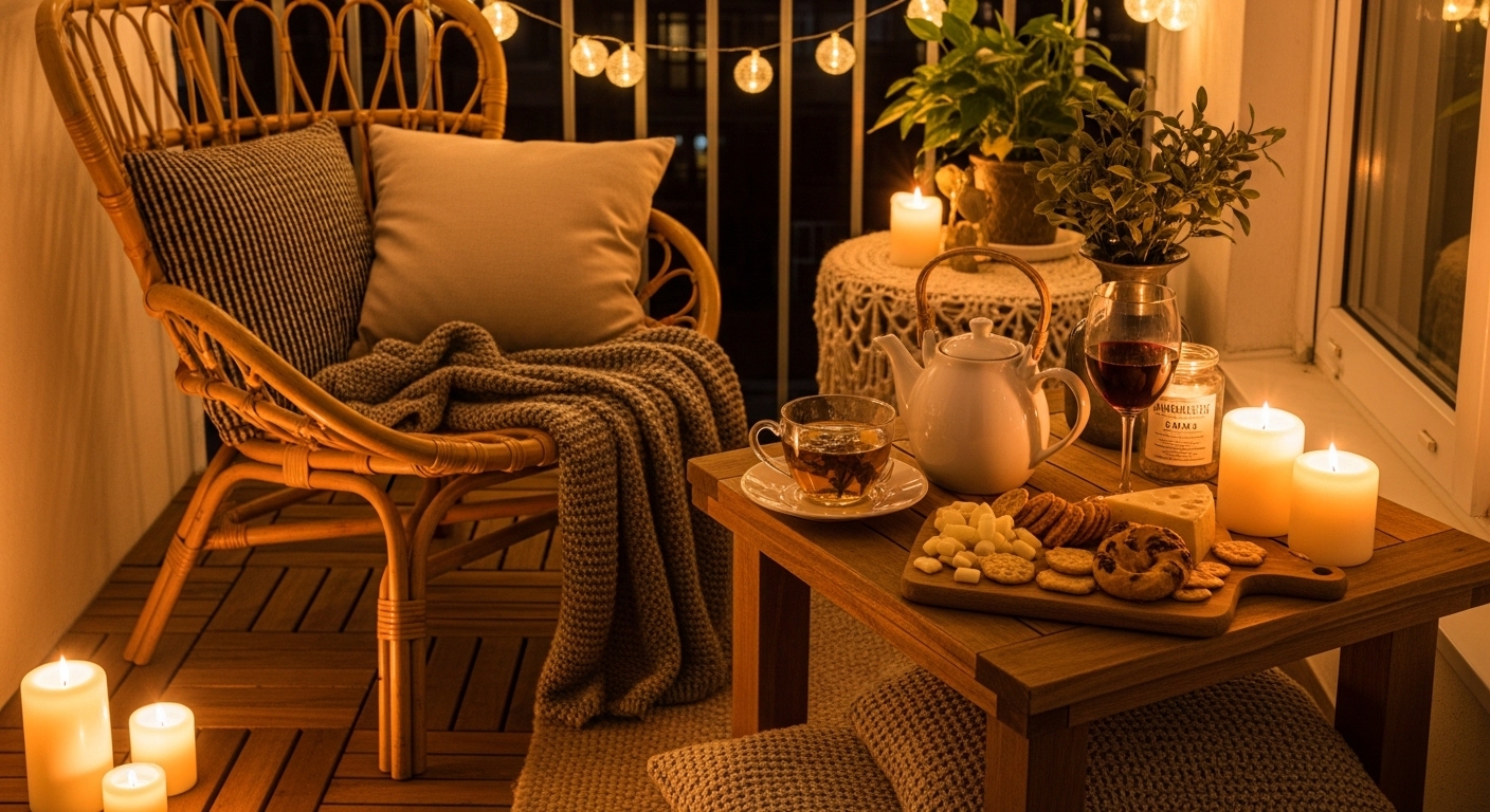 Cantinho aconchegante à noite com chá, petiscos e taça de vinho sob luzes suaves