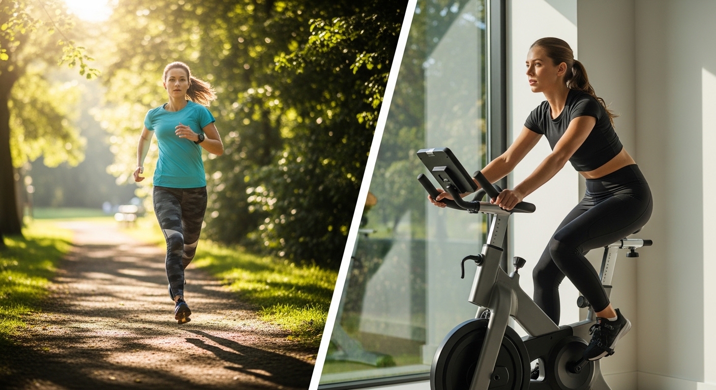 Mulher correndo em parque e pedalando em bicicleta ergométrica em ambiente interno