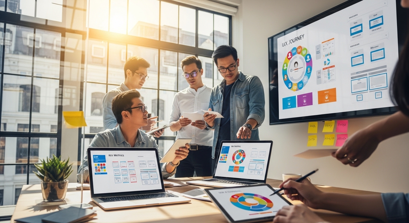 Equipe de designers UX/UI colaborando em escritório moderno