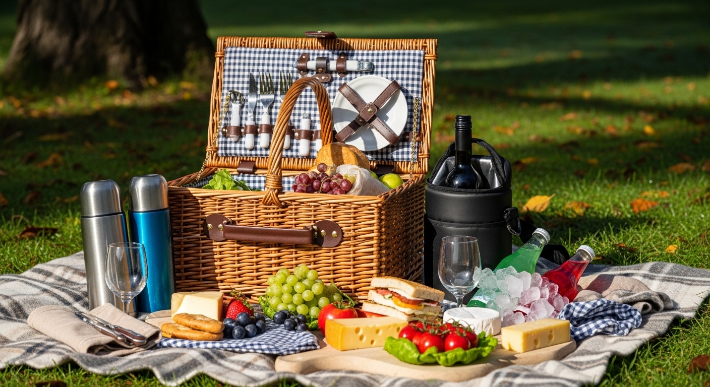 Piquenique em parque com cesta, lanches e vinho em dia de meia-estação
