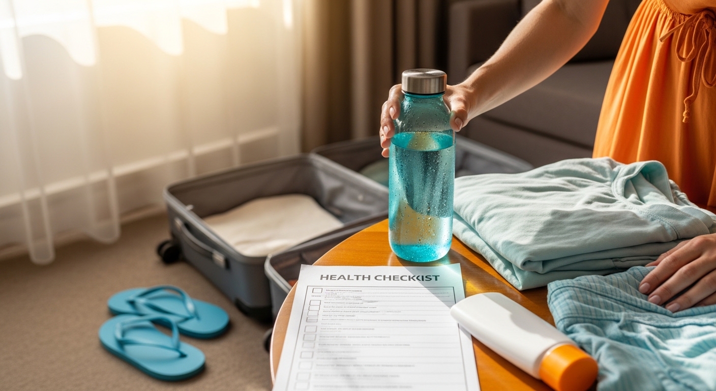 Viajante arruma mala com garrafa de água e roupas leves