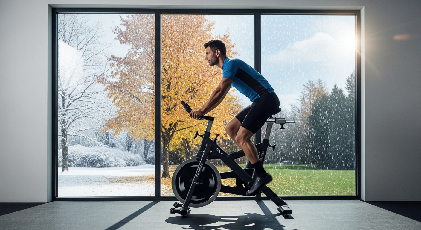 Atleta fazendo spinning indoor com neve, chuva e sol