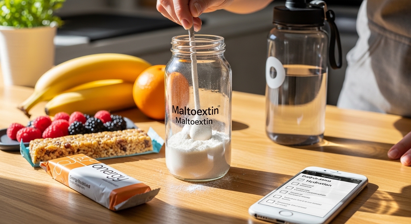 Pessoa preparando bebida energética com malto-dextrina, frutas e checklist de alimentação