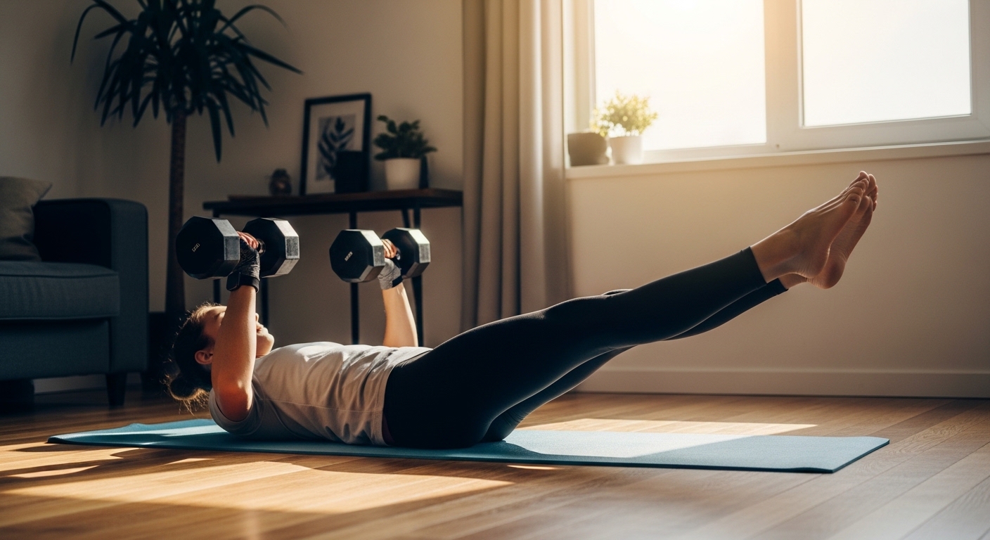 Pessoa fazendo treino com halteres em sala iluminada