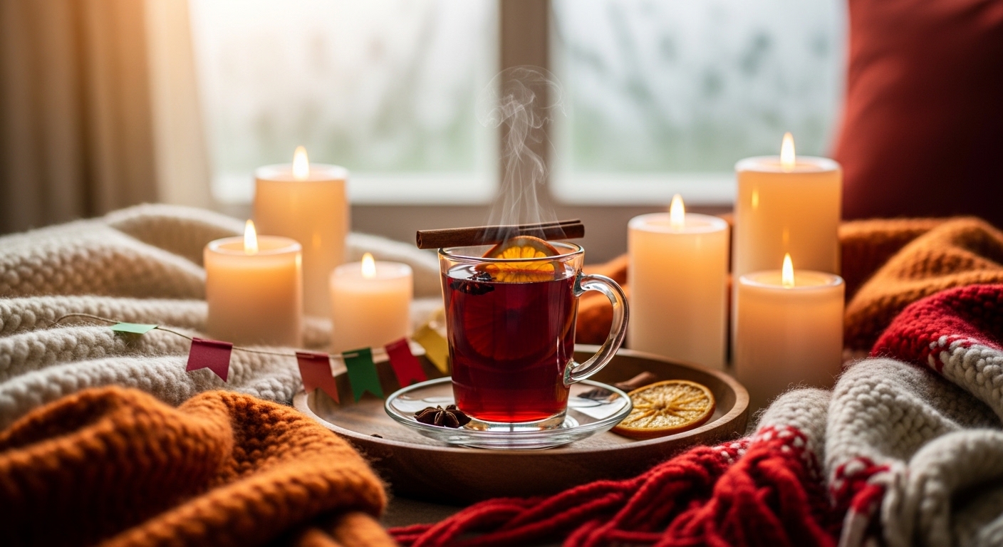 Mesa com caneca de vinho quente em ambiente acolhedor de inverno