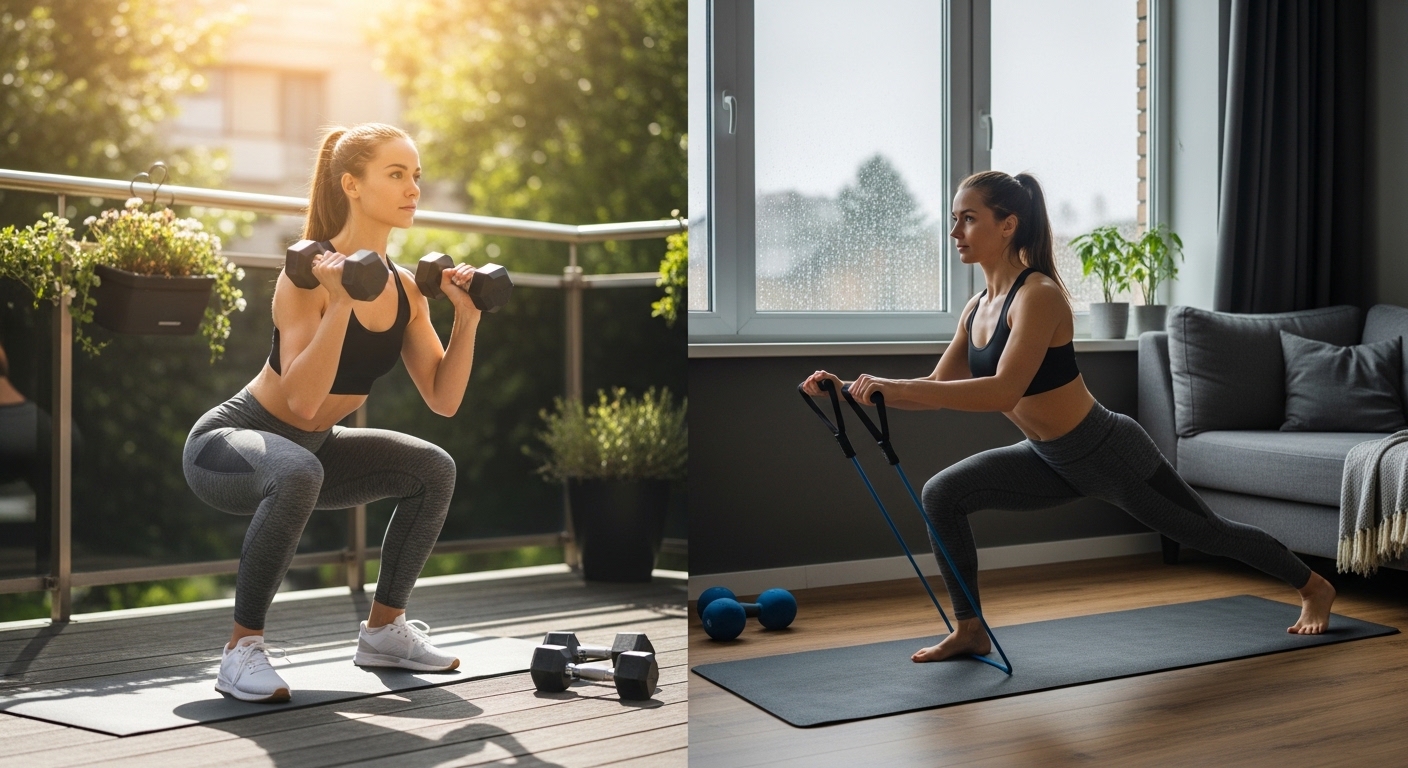 Mulher fazendo microtreino com halteres e elástico em casa em dia de chuva e sol