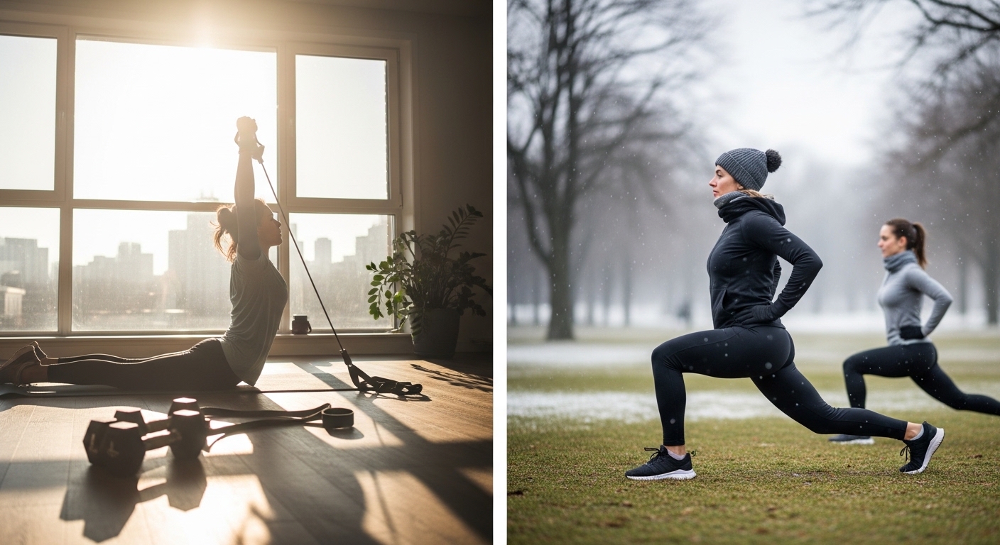 Pessoa se exercitando em casa e ao ar livre com halteres e elásticos