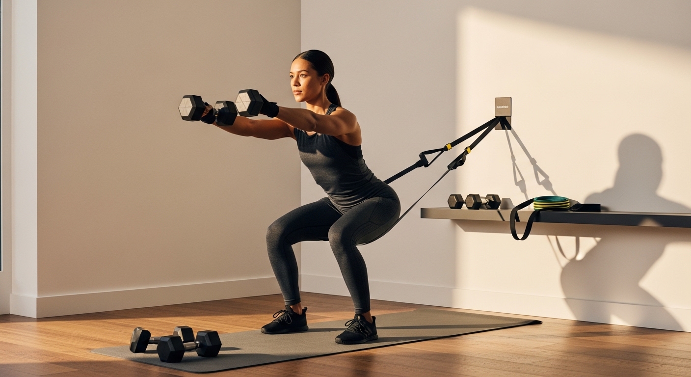 Pessoa exercitando-se em um canto de treino doméstico com halteres e elásticos