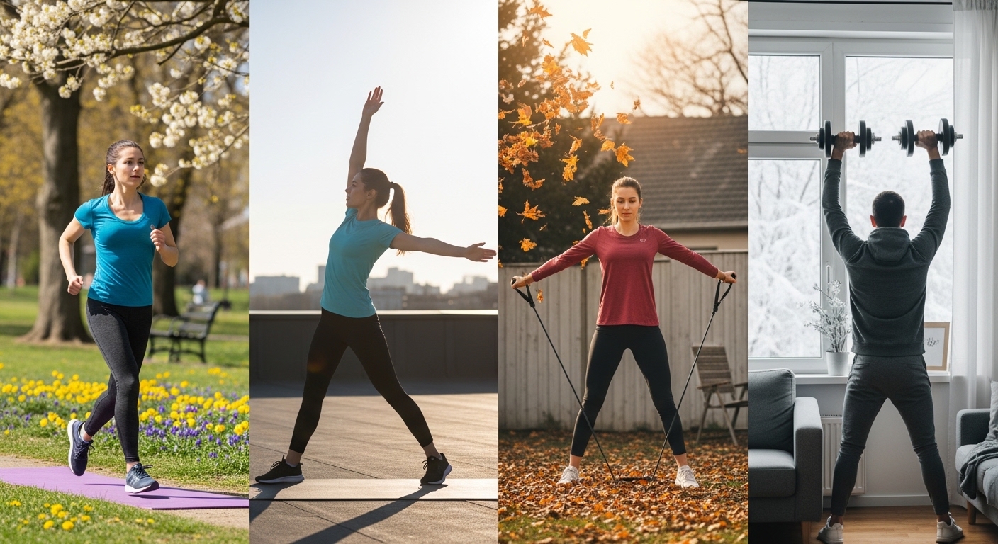 Pessoa treinando em quatro ambientes representando as estações do ano