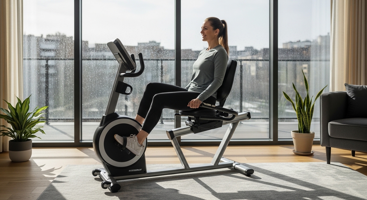 Bicicleta ergométrica horizontal em sala de estar iluminada por luz natural, pessoa pedalando confortavelmente com janela mostrando chuva lá fora