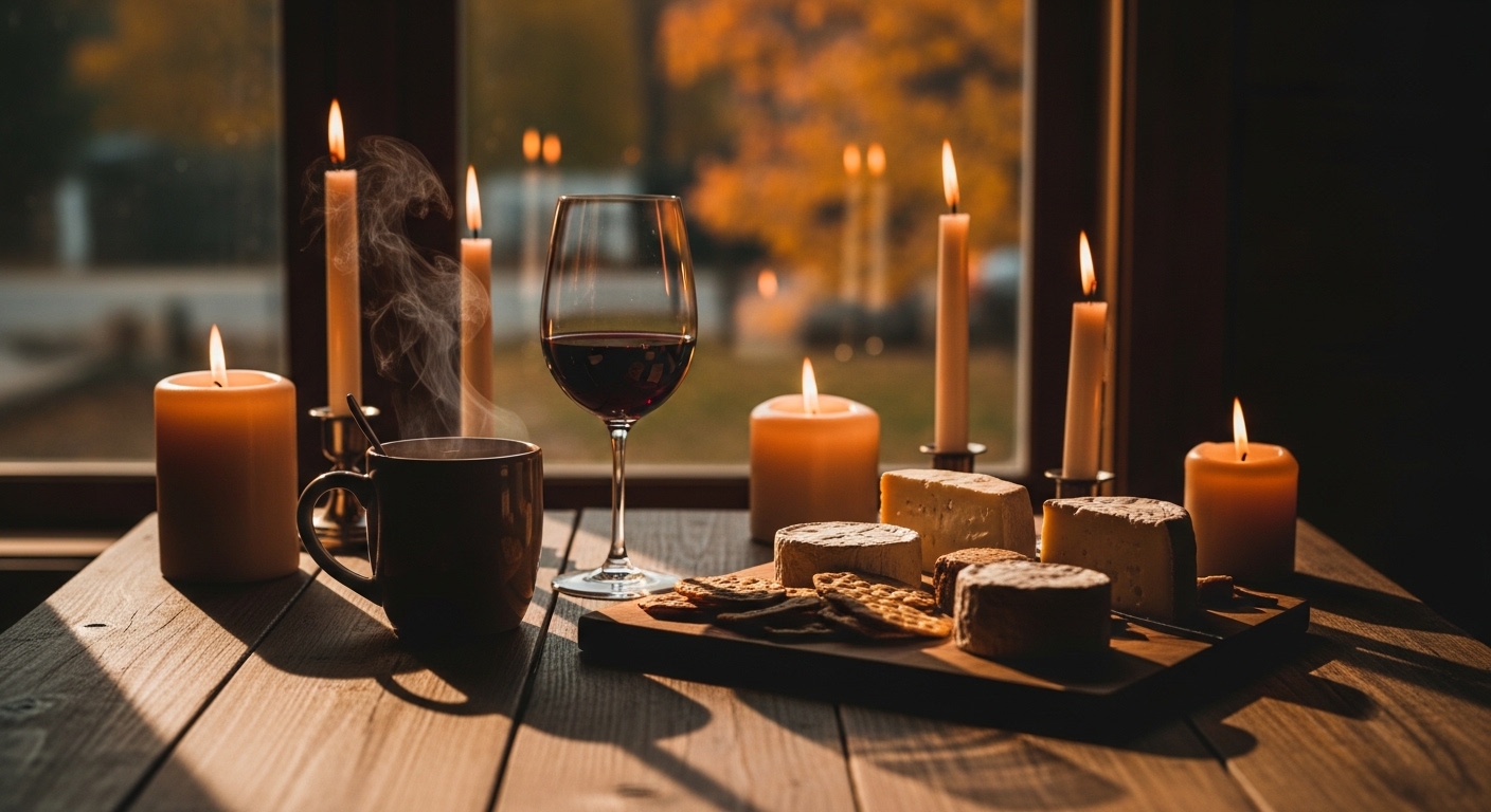 Mesa de outono com chá, vinho e lanches em ambiente aconchegante