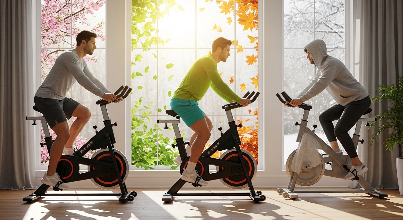 Pessoa pedalando bicicleta ergométrica em canto de treino doméstico com vista para as quatro estações
