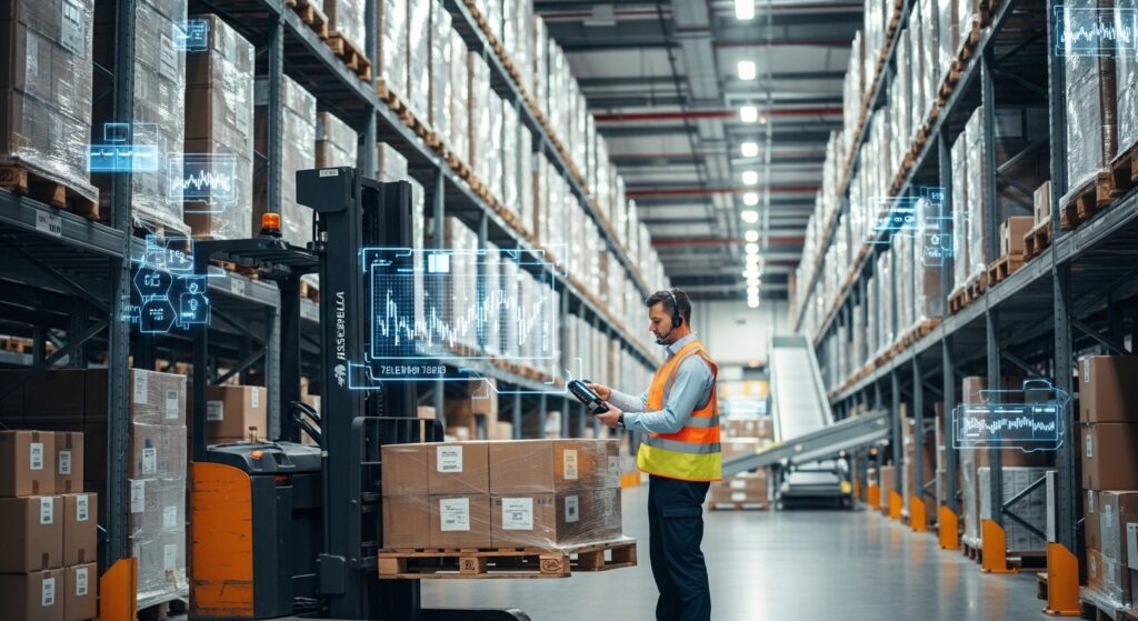 Operador de empilhadeira escaneando caixas em centro de distribuição moderno